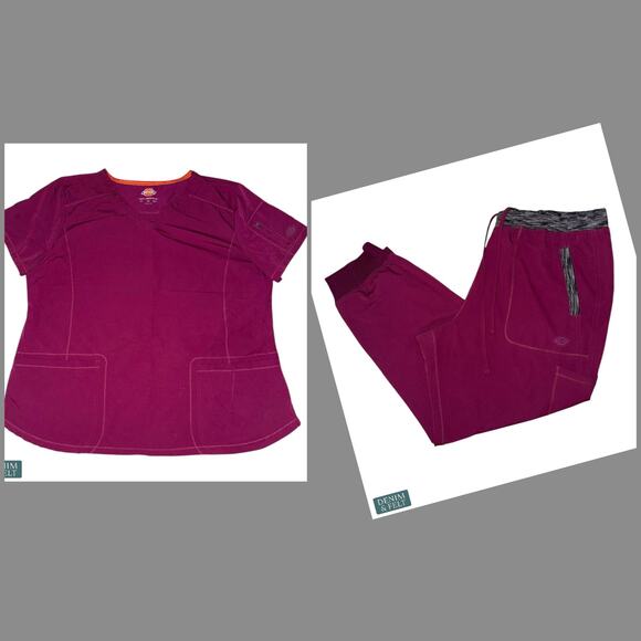 Dickies Dynamix Wine Scrub Set 2XL Top XL Petite Jogger Pants Stretch Nurse - Picture 1 of 15